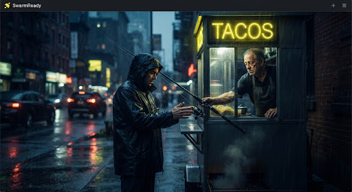 A noir taco stand at night — the vendor handing over a fishing rod instead of tacos.