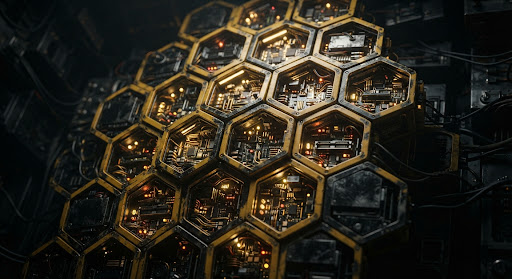 A macro view of a mechanical honeycomb — glowing circuits inside each hexagon.